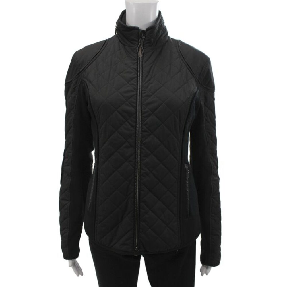 Belstaff Women Quilted Diamond Biker Jacket Black High Neck Zip Size 42